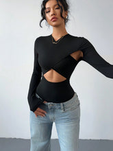 Fitted Sexy Black Long Sleeve Cross Hollow-Out Front Women Bodysuit